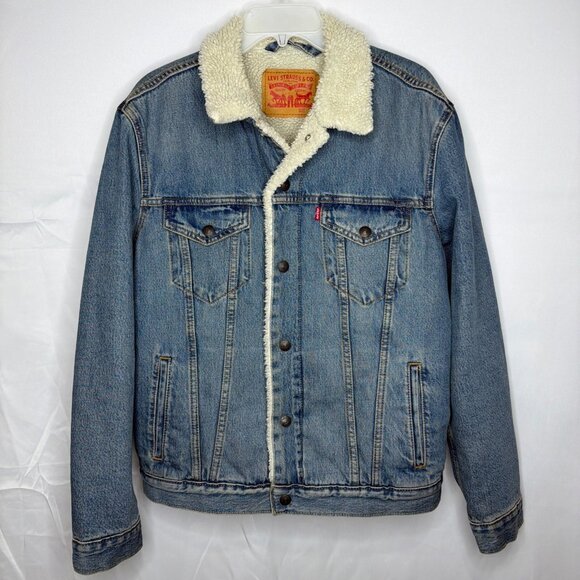 Levis Sherpa Lined Denim Trucker Jacket Size M Blue Cotton Polyester Blend - Picture 1 of 13